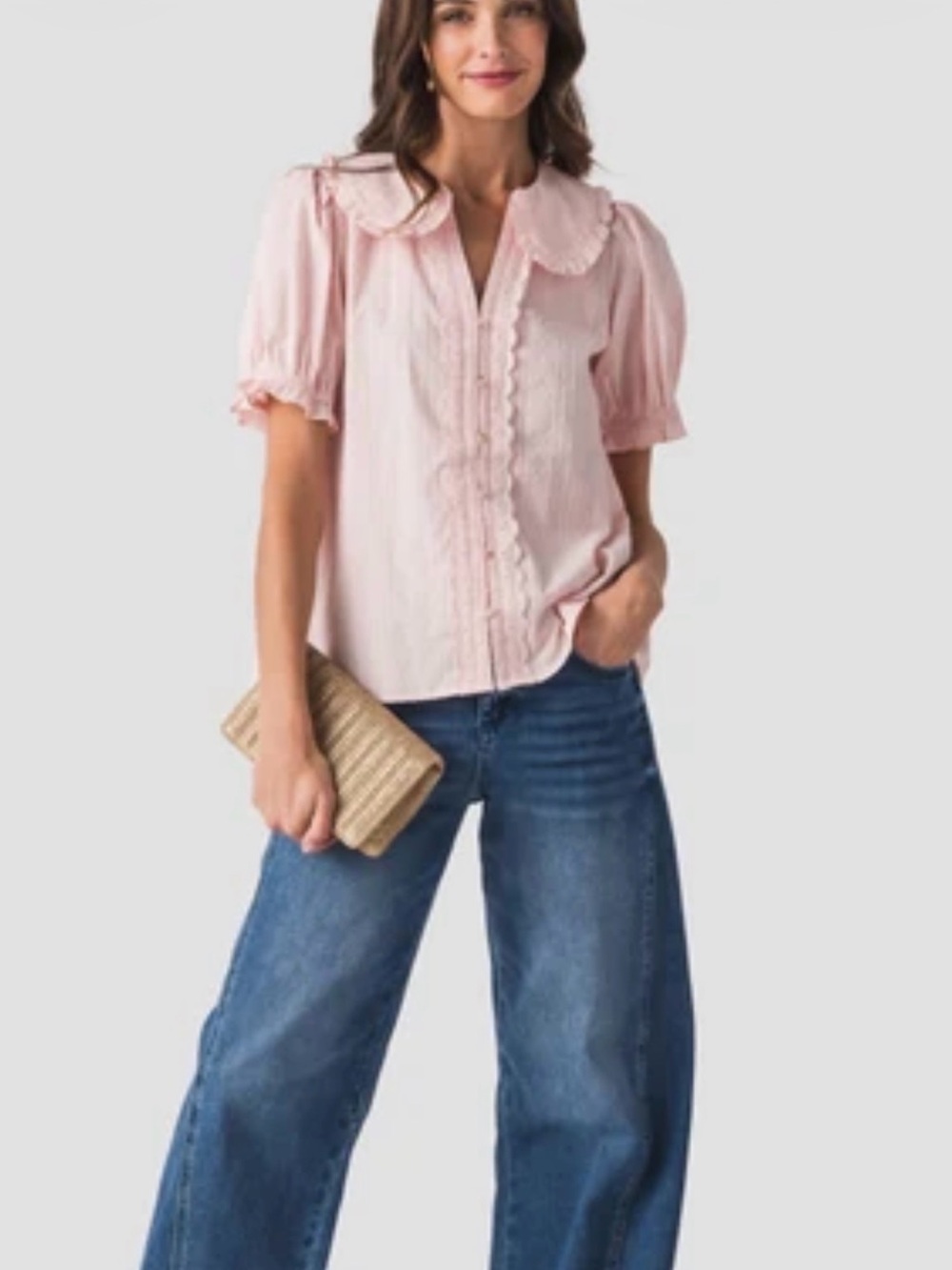 Women’s Pink Ruffle-Trim Button Front Top